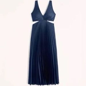 Abercrombie & Fitch Giselle Satin Pleated Cutout Maxi Dress Navy Medium Tall NWT